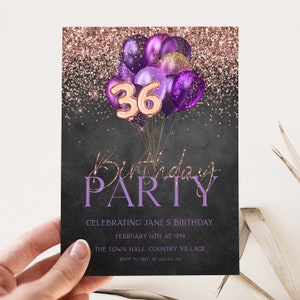 Purple 36th Birthday Invitation Purple Balloons Chalkboard Printable Rose Gold Glitter Invite Instant Download Editable Template Corjl