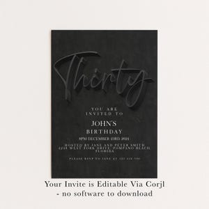 Invito per il 30° compleanno, modello modificabile, design semplice nero (download immediato, stampabile, fai da te, per lui o per lei) immagine 7