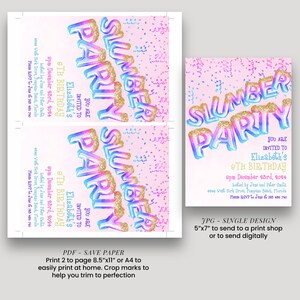 a birthday party invitation for a child's 7th birthday. The invitation features a pink and purple color scheme with glittery text and confetti-like elements. The invitation is designed to be printed on either 2-page or 4-page paper, depending on the user's preference. The invitation includes details about the party, such as the date, time, location, and RSVP information. The invitation also includes a size reference for printing, indicating that it is a single design 5"x7" or 4"x4".