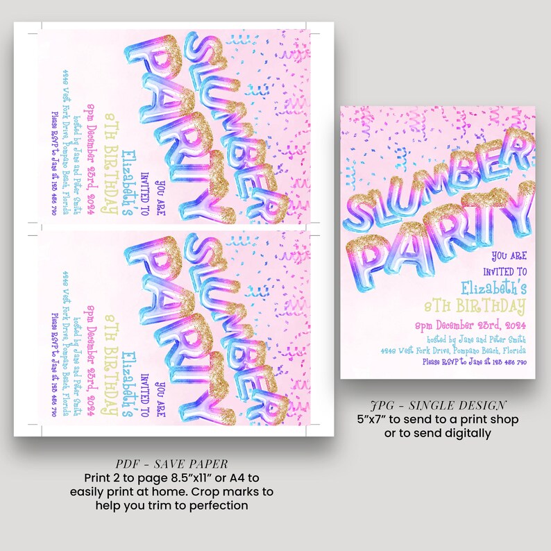 a birthday party invitation for a child's 7th birthday. The invitation features a pink and purple color scheme with glittery text and confetti-like elements. The invitation is designed to be printed on either 2-page or 4-page paper, depending on the user's preference. The invitation includes details about the party, such as the date, time, location, and RSVP information. The invitation also includes a size reference for printing, indicating that it is a single design 5"x7" or 4"x4".