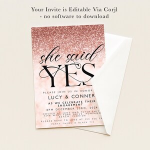 The image is a pink glittery wedding invitation card with the text "she said yes" and details about the wedding celebration.