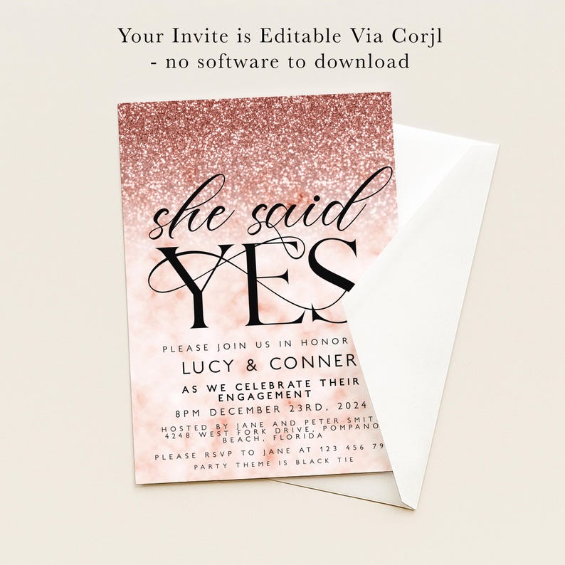 The image is a pink glittery wedding invitation card with the text "she said yes" and details about the wedding celebration.