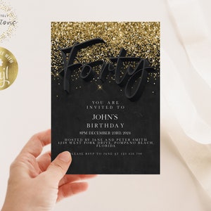 Invito per il 40° compleanno Invito modificabile per il 40° compleanno Invito oro nero Semplice ed elegante Per lui o lei Download immediato Stampabile SE19