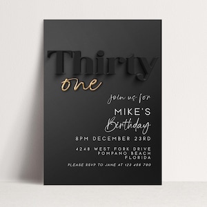 Invito modificabile per il 31° compleanno – Modello di invito per festa moderno in nero e oro stampabile per lui – Download digitale istantaneo – BG78