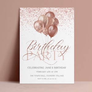 Rose Gold Balloons Invitation Template: Glitter Birthday Party Invite - Editable, DIY Printable, Instant Download