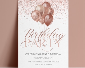 Rose Gold Balloons Invitation Template: Glitter Birthday Party Invite - Editable, DIY Printable, Instant Download