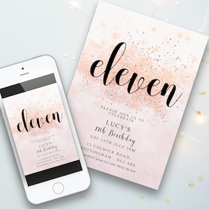Girl Birthday Invitation Printable 11th Birthday Party For Her Invite Editable Template Pastel Pale Blush Decor Instant Download Eleven