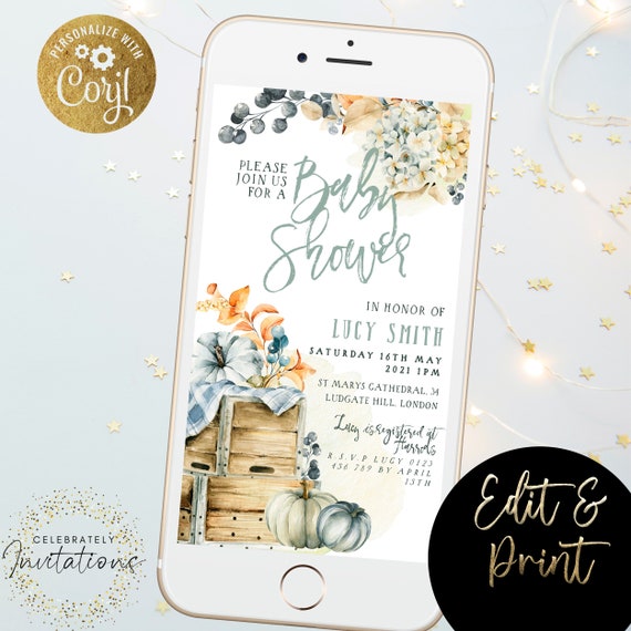 Pumpkins Baby Shower Mobile Invitation, Fall Autumn Evite, Editable