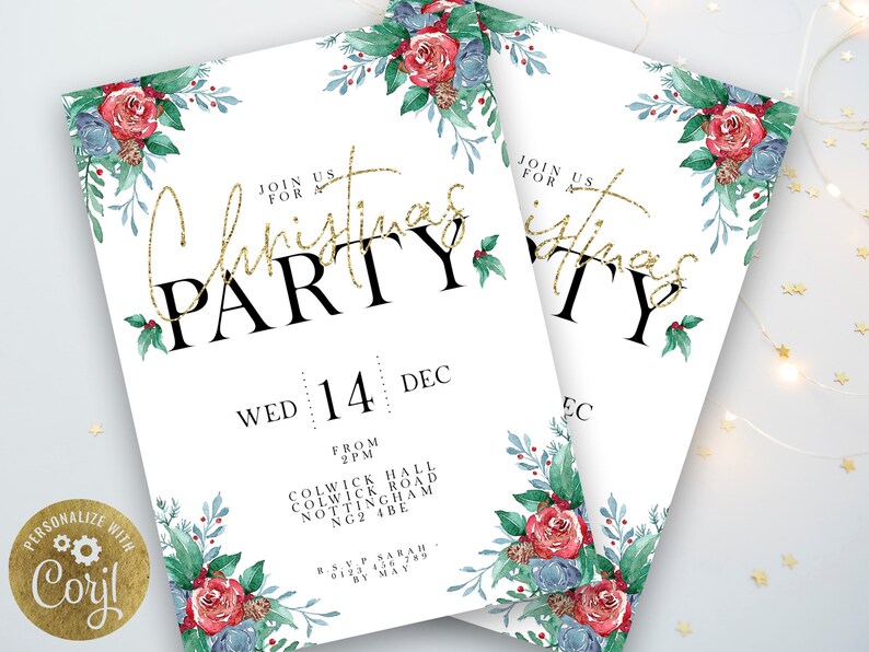 Editable Christmas Party Invitation Gold Glitter Editable Invitation Template Holiday invitation Editable Printable Instant Download image 1