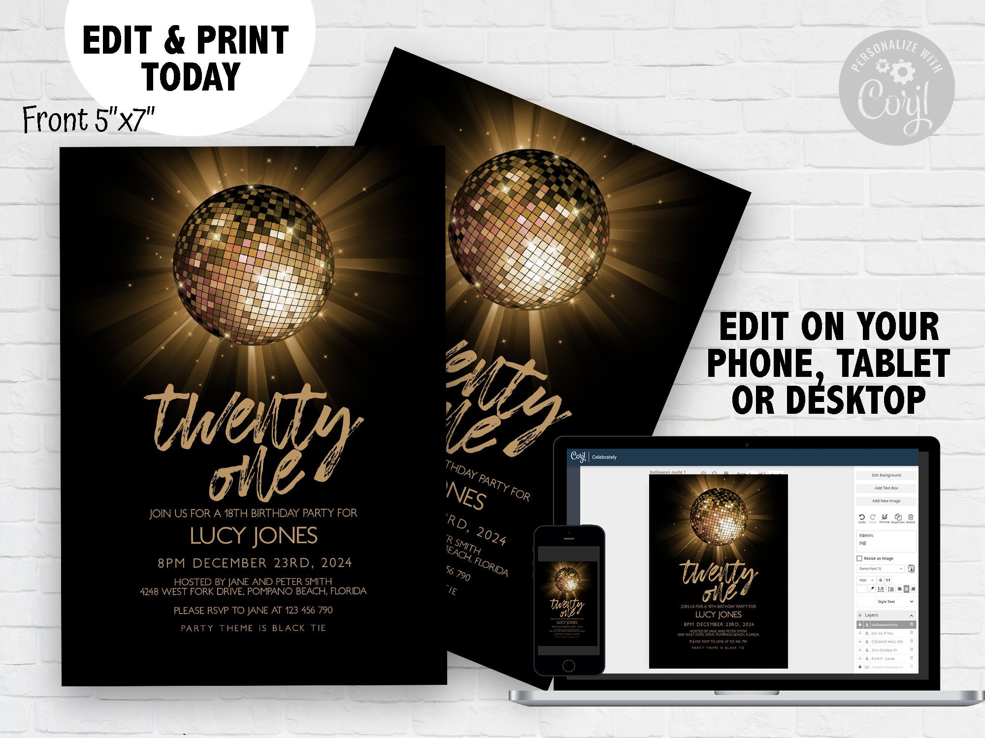 Disco Ball Invitation 21st Gold Birthday Invitation Template - Etsy ...