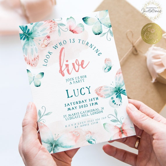 Editable Butterfly Birthday Invitation Any Age EDITABLE Pink Green Butterflies Invitations Digital, for her Invites Instant download Il_570xn