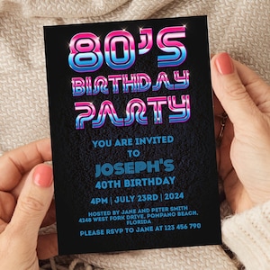 Faire-part 40e anniversaire des années 80 modifiable pour homme, invitation de fête néon rétro, téléchargement immédiat, modèle de conception thème années 80 bleu rose