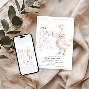 One Silly Goose Birthday Invitation Girl Pink Gingham, Editable Corjl Template, Silly Goose 1st Birthday Invite, Digital Download SG21