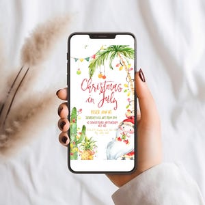Weihnachten im Juli Einladung, Tropische Mobile Party einladen, Bearbeitbare Sommer Urlaub Corjl Vorlage, Digitaler Download für Texting Gäste