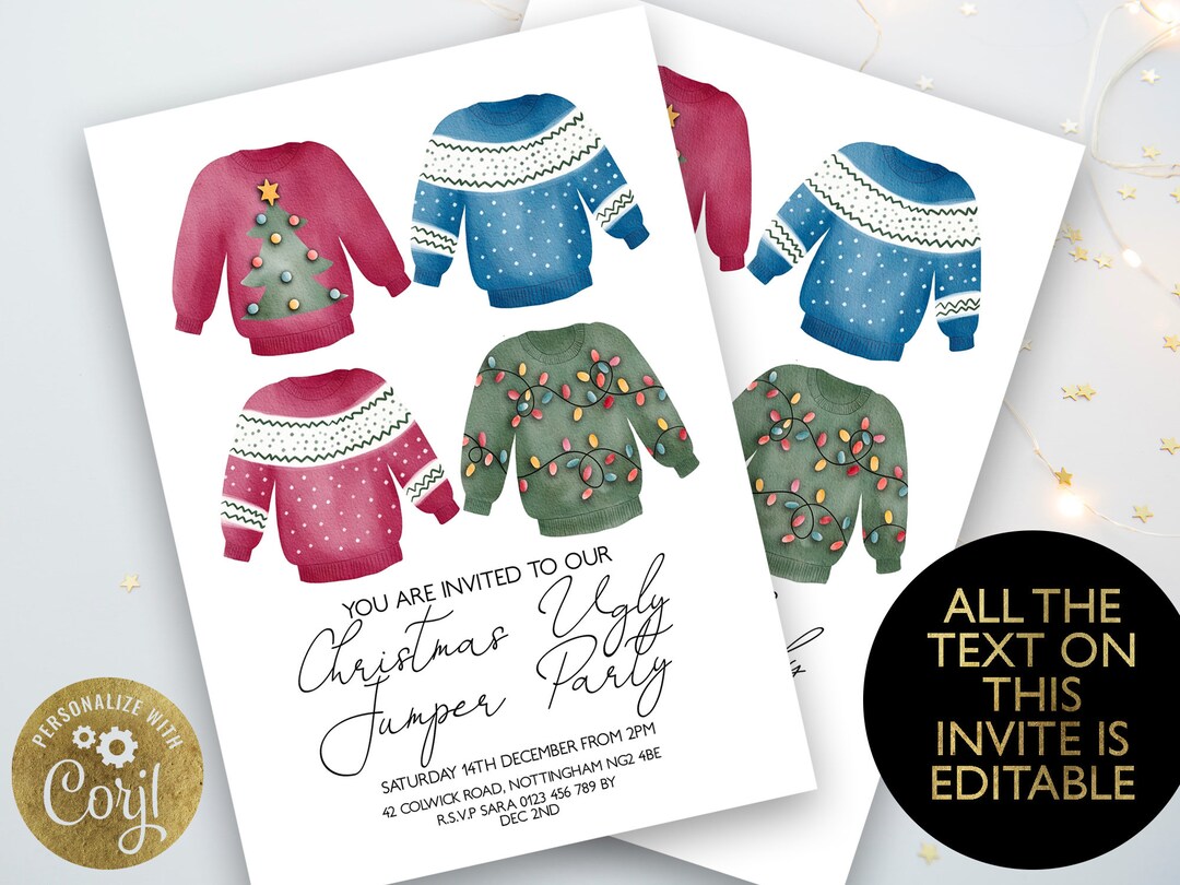 Editable Christmas Jumper Party Invitation Editable Invitation Template Ugly Holiday Jumper 