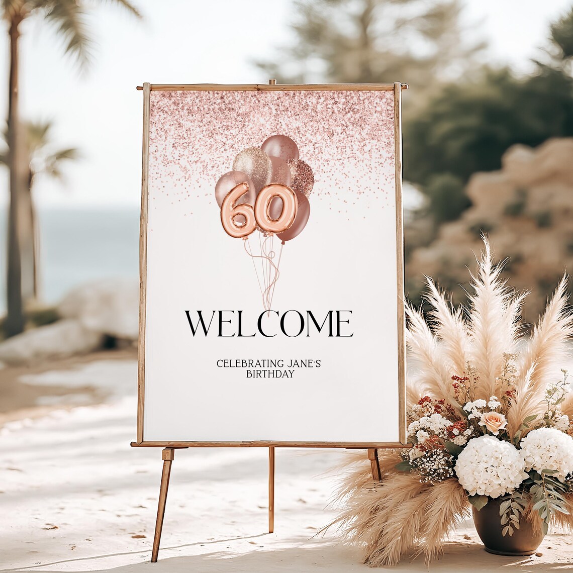60th Welcome Sign Editable - Rose Gold Birthday Party Decor - Digital ...