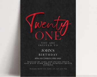 21st Birthday Invite Red Black Theme: Bold Elegant Party Invitation (Editable Template, Printable PDF, Instant Download)