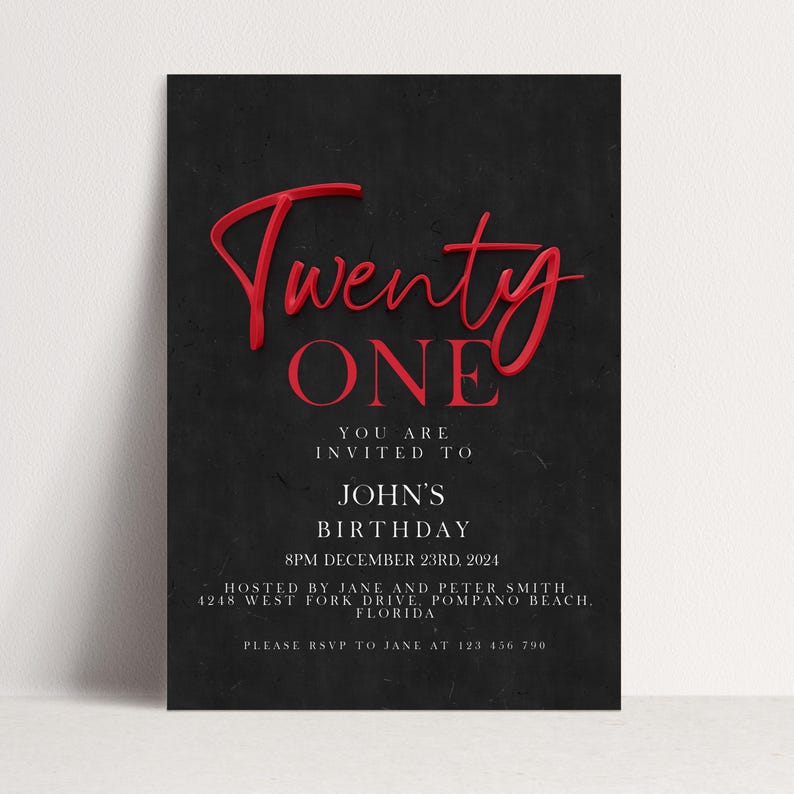 21st Birthday Invite Red Black Theme: Bold Elegant Party Invitation (Editable Template, Printable PDF, Instant Download) image 1