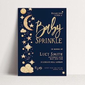 Celestial Baby Sprinkle Invitation Download – Navy and Gold Moon & Stars Editable Digital Baby Shower Invite Template CL09
