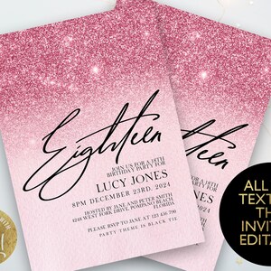 Editable 18th Birthday Party Invitation Template Pink Any Age Invite Glitter All text is Editable Instant Download Editable template Corjl
