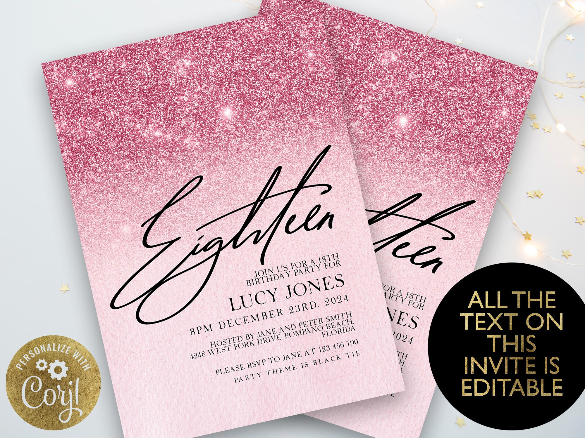Editable 18th Birthday Party Invitation Template Pink Any Age