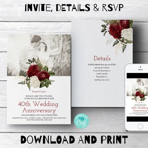 40th Ruby Wedding Anniversary Invitation Details and RSVP 40th Anniversary Invite Instant Download Printable invitations