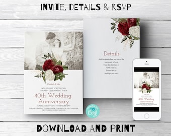 40th Ruby Wedding Anniversary Invitation Details and RSVP 40th Anniversary Invite Instant Download Printable invitations