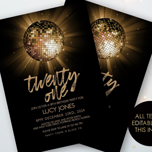 Disco Ball Invitation 21st Gold Birthday Invitation Template All text Editable Any Occasion Any Age Printable Invite Instant download