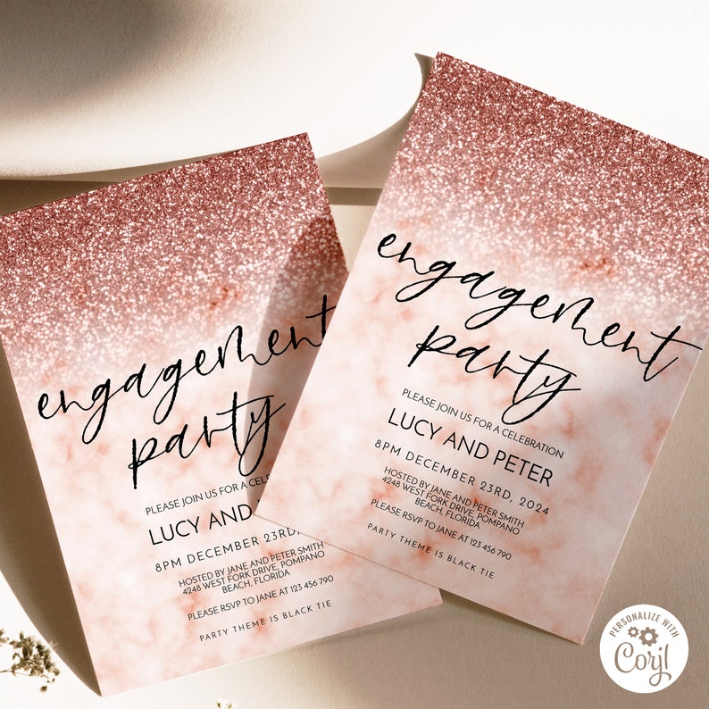Engagement Party Invitation Rose Gold Glitter marble Invitation Wedding Announcement Invite Editable Template Instant Download image 1