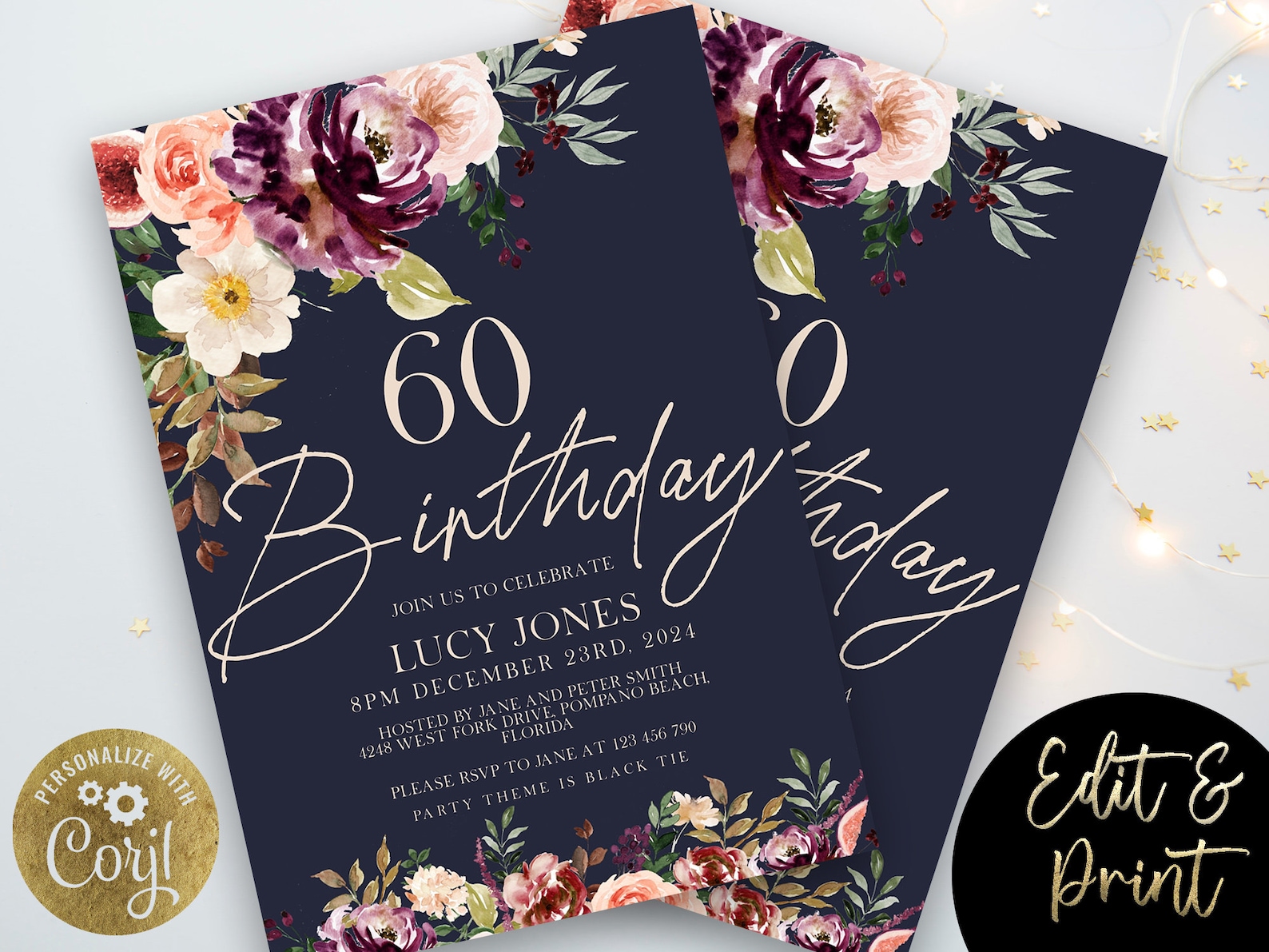 Editable 60th Birthday Invitation for Women 60th Party Invite - Etsy UK