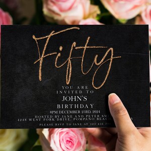 50th Birthday Invitation Editable 50th invite Black Gold Glitter invitation Simple Elegant For Him or Her  Instant Download Printable