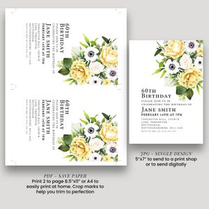 The image is a birthday invitation for Jane Smith's 60th birthday celebration. It features a floral design with yellow and white flowers, and includes details about the event, such as the date, time, location, and RSVP instructions.