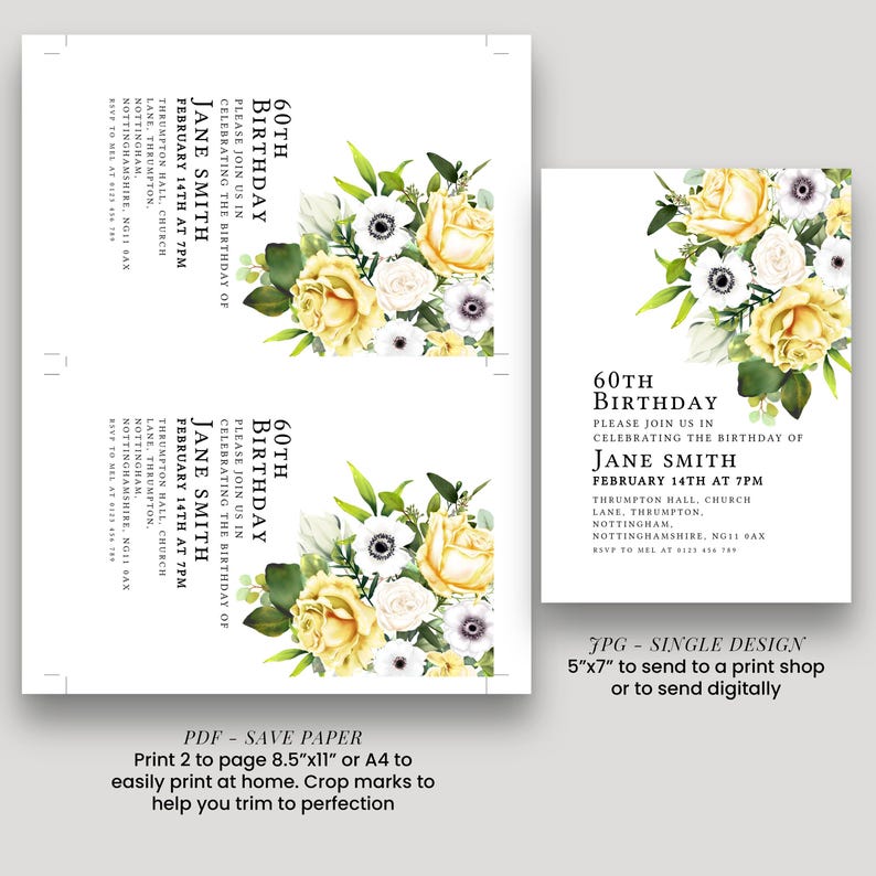 The image is a birthday invitation for Jane Smith's 60th birthday celebration. It features a floral design with yellow and white flowers, and includes details about the event, such as the date, time, location, and RSVP instructions.
