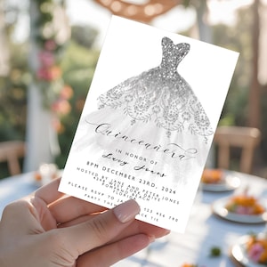 Quinceanera Invitation Silver Watercolor Dress Silver Glitter Instant Download Printable Corjl Template Quince Invite