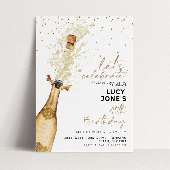 Gold Birthday Invite Elegant Champagne Celebration: Editable Party Invitation, Modern Luxe Design | Printable Template, 5x7 Inches
