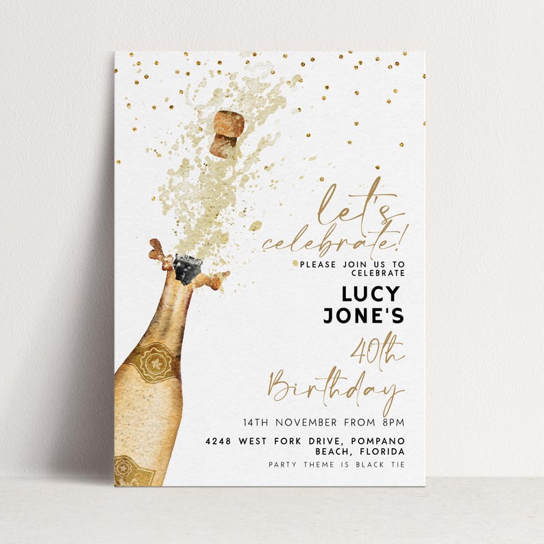 Champagne Birthday Invitation Elegant, Gold Splash Party Invite, Adult Birthday Celebration, Editable Template