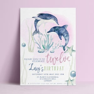Convite de aniversário com tema de golfinho, modelo editável para o fundo do mar, download digital com aquarela do oceano, cartão imprimível para meninas