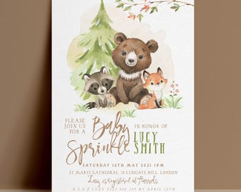 Baby Sprinkle Invitation Template, Woodland Animals Editable Invite, Forest Digital Download, Second Baby Printable Card