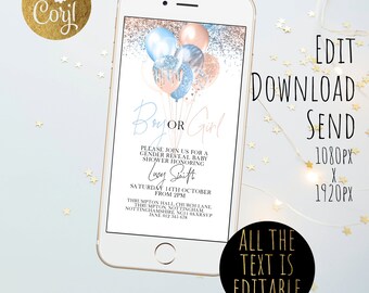 Editable Digital Gender Reveal Baby Shower Party Invitation Digital Invite Blue Rose Gold Shower mobile phone invite Template SMS Invitation