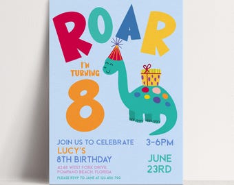 Dinosaur Invite Editable Kids Birthday Card, Roar Design (5x7 Inches, Printable PDF/JPG, Corjl Template, Instant Download)