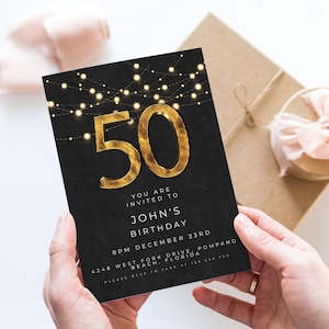 Modello modificabile per invito per 50° compleanno, nero e oro, semplice ed elegante, per lui o per lei, download immediato, stampabile SE20