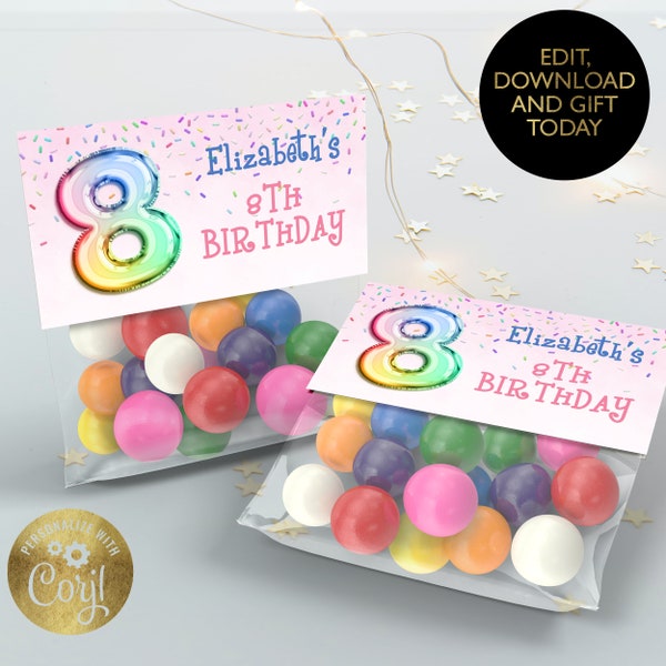Editable 8th Birthday Party Favors Treat Bag Toppers Rainbow Balloon Favor Bag toppers Birthday Instant Download