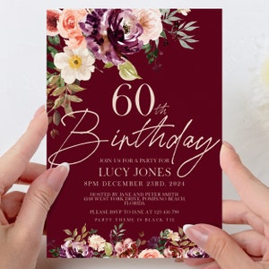 60th Birthday Invitation Any Age All text is editable Party Birthday Invite Burgundy Floral Fig Birthday Invitation 40th birthday 50th 30th