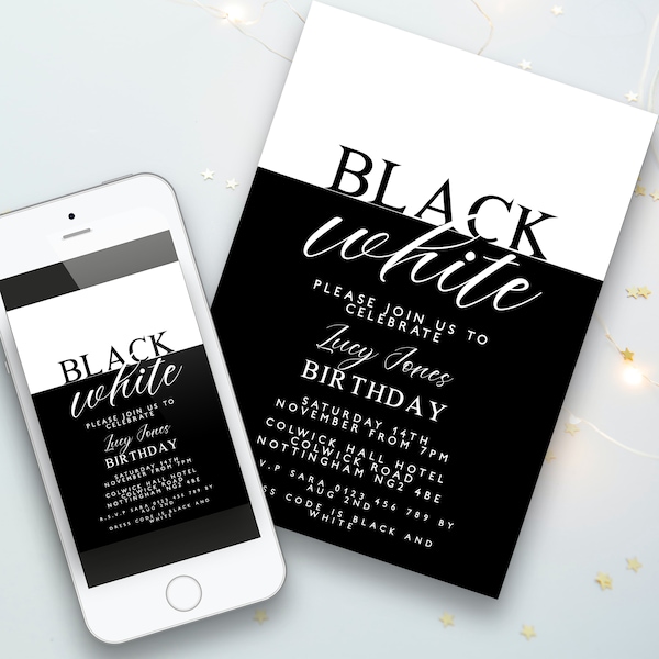 Black and White Party Invitation  Birthday Bash Monochrome Birthday Bash White Black Party Editable to Any Age