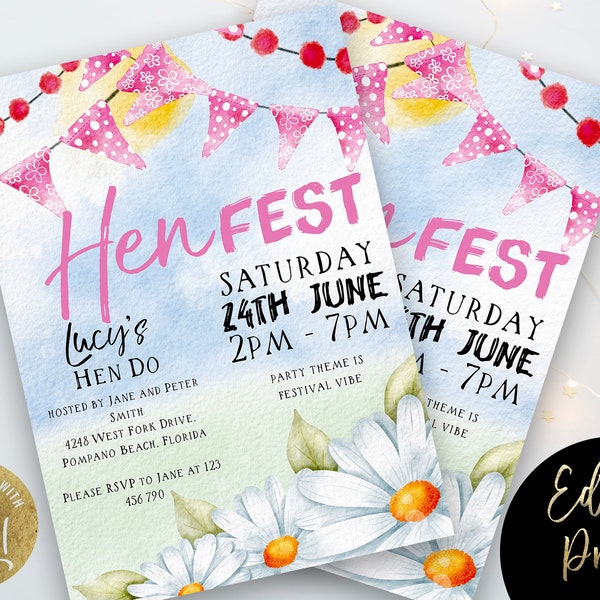 Festival Hen Do Invitation, Editable Hen Do Invite, Festival theme invitation , Instant Download Printable FST