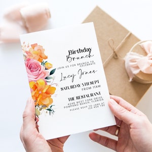 Pink Orange  Birthday Brunch Invitation Ladies Floral Birthday Party Invitation for Women Corjl Instant Download invite