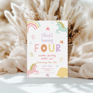 Eenhoorn 4e verjaardagsuitnodiging bewerkbare Corjl Rainbow Pastel Girl Party digitale download VIER jaar oude magische afdrukbare uitnodigingssjabloon