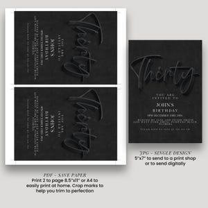 Invito per il 30° compleanno, modello modificabile, design semplice nero (download immediato, stampabile, fai da te, per lui o per lei) immagine 5