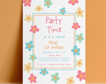 1st First Birthday Invitation Template, Daisy Flower Editable Invite, Pastel Digital Download, Kids Printable Card
