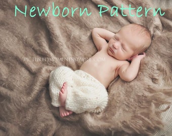 May include: A newborn baby wearing a white knitted pants outfit, sleeping on a brown fluffy blanket. The baby is lying on its back with its arms behind its head. The text "Newborn Pattern" is written in turquoise above the baby.